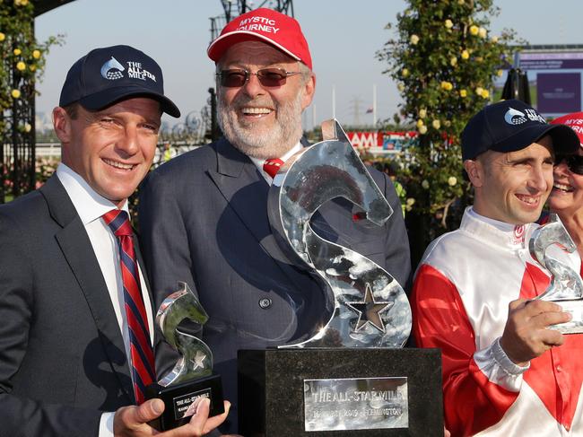 Trainer Adam Trinder, owner Wayne Roser and Jockey Anthony Darmanin. 