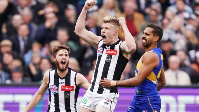 Jordan De Goey celebrates a goal during last year's grand final. Picture: Michael Dodge.