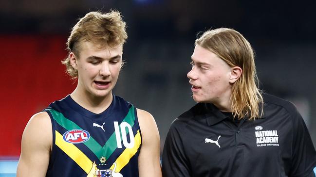 MELBOURNE, AUSTRALIA - MAY 13: Ryley Sanders (left) and Harley Reid of the AFL Academy chat during the match between the AFL Academy Boys and Carlton VFL at Marvel Stadium on May 13, 2023 in Melbourne, Australia. (Photo by Michael Willson/AFL Photos via Getty Images)