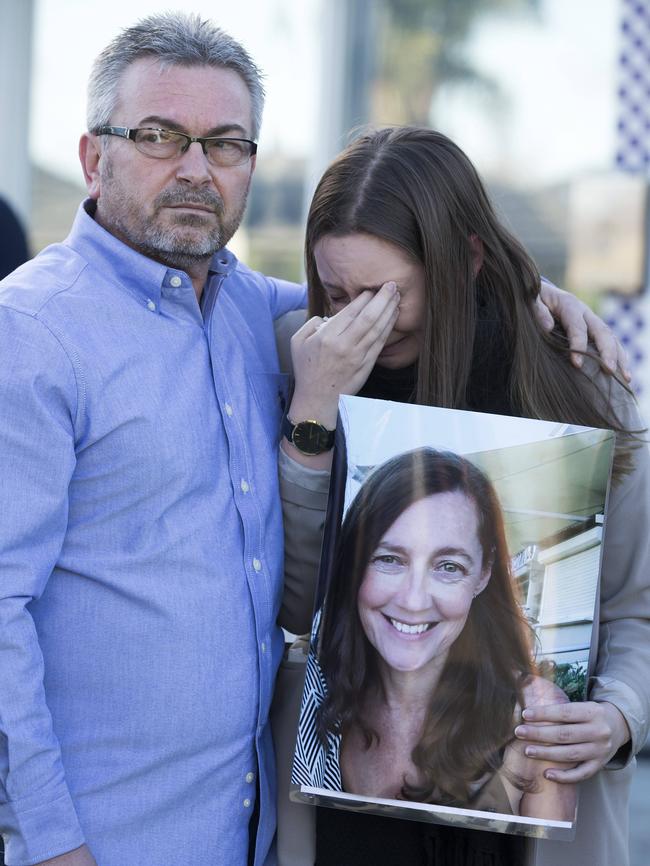 Borce and daughter, Sarah, at Avondale Heights Police Station, issuing a public appeal after her disappearance in 2016. Picture: Sarah Matray