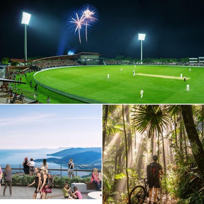 Harrup Park Country Club's Great Barrier Reef Arena vision. Below: Whitsunday Skyway project and Pioneer Valley Mountain Bike Trail.