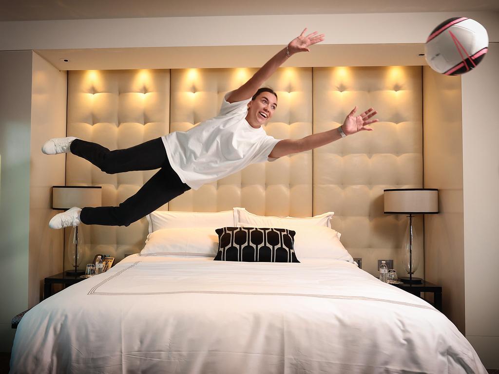 <p>Matildas goalkeeper Mackenzie Arnold in Melbourne practices saving goals while staying at Crown Towers. Picture: David Caird</p>