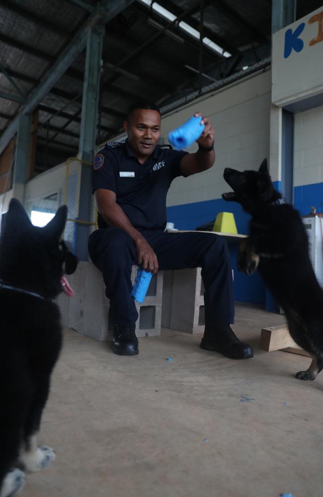 NT Police Dog Operations Unit officer Riva Zio with the squad's newest recruits, Axe and Jax.