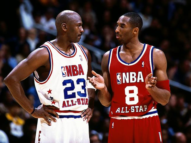 Kobe Bryant #8 of the Western Conference All Stars talks with Michael Jordan #23 of the Eastern conference All Stars during the 2003 NBA All-Star Game at the Phillips Arena on February 9, 2003 in Atlanta, Georgia. Picture: Getty