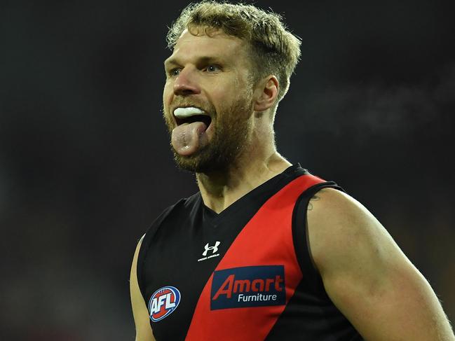 LAUNCESTON, AUSTRALIA - JUNE 20: Jake Stringer of the Bombers celebrates a goal during the round 14 AFL match between the Hawthorn Hawks and the Essendon Bombers at University of Tasmania Stadium on June 20, 2021 in Launceston, Australia. (Photo by Steve Bell/Getty Images)