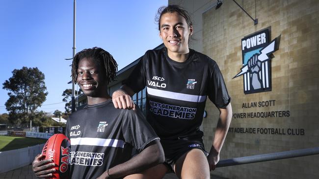 Port Adelaide Academy players Martin Fredericks and Kai Pudney at the club’s Alberton headquarters. Picture SARAH REED