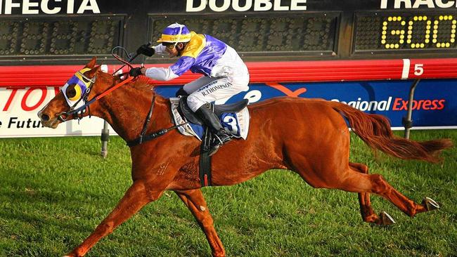 Robert Thompson drives The Jackal home to win a second Ramornie Handicap. Picture: The Daily Examiner