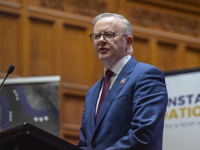 ADELAIDE, AUSTRALIA - NewsWire Photos MAY 29 2023: Australian Prime Minister Anthony Albanese delivers the Lowitja O'Donoghue address at Adelaide University, Bonython Hall.Picture: NCA NewsWire / Roy VanDerVegt