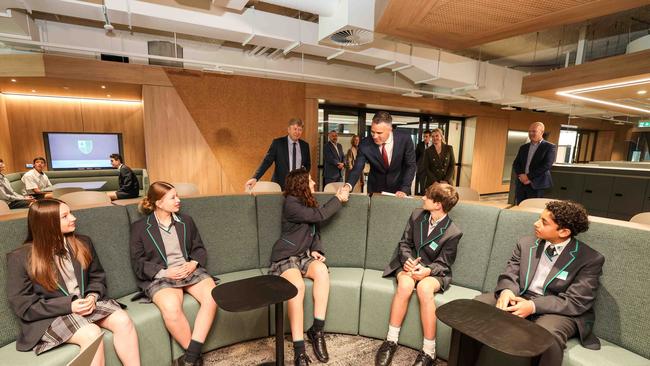 Premier Peter Malinauskas meet students during a first look at the newly completed $98 million Adelaide Botanic High School extension. Picture:Russell Millard