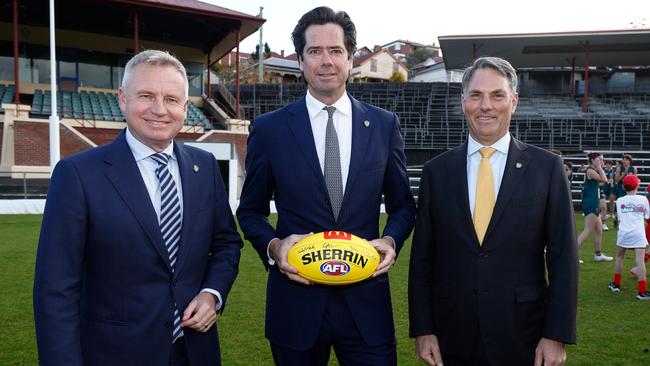 (L-R) Tasmanian Premier Jeremy Rockliff, Gillon McLachlan, and Deputy PM Richard Marles, the AFL says a roof on a Tasmanian stadium is essential. (Photo by Michael Willson/AFL Photos via Getty Images)