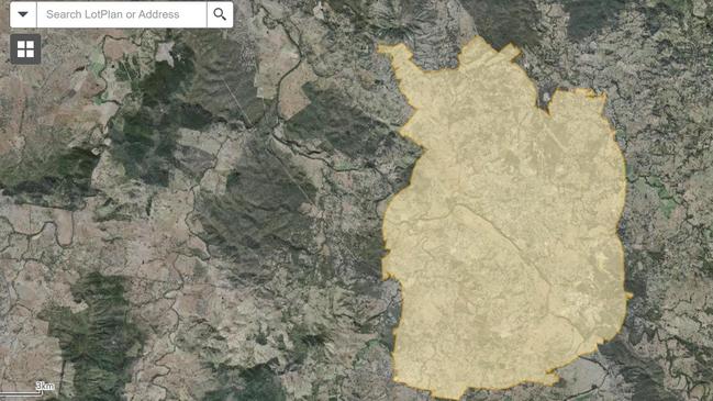 The proposed change would allow for exploration applications within the Gympie urban area, subject to State Government approval. The area affected is coloured yellow and encompasses Gympie city and the immediate surrounds.