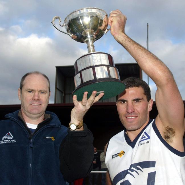 Former Vic Country coach Rodney Eade and captain Jason Mifsud at Barooga in 2003.