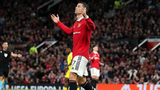 MANCHESTER, ENGLAND - OCTOBER 27: Cristiano Ronaldo of Manchester United reacts during the UEFA Europa League group E match between Manchester United and Sheriff Tiraspol at Old Trafford on October 27, 2022 in Manchester, England. (Photo by Jan Kruger/Getty Images)