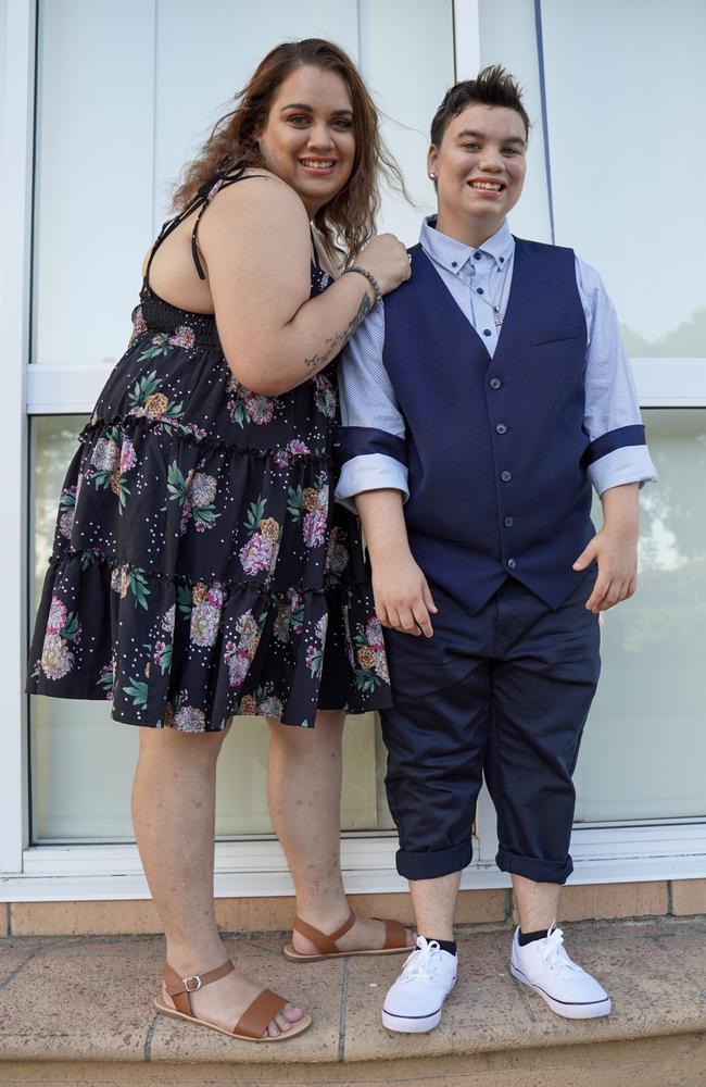 Skye Gowley (right) with big sister Jacinta Gowley at the Mackay North State High School formal at Windmill Function Centre, November 19, 2021. Picture: Heidi Petith