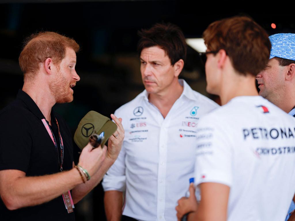 The Duke of Sussex chats to Mercedes GP Executive Director Toto Wolff. Picture: Getty Images