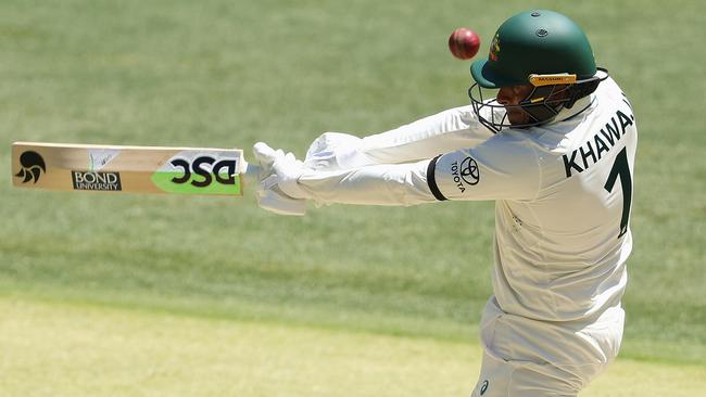 Khawaja bats with a black armband on against Pakistan at Perth’s Optus Stadium. Picture: Getty Images