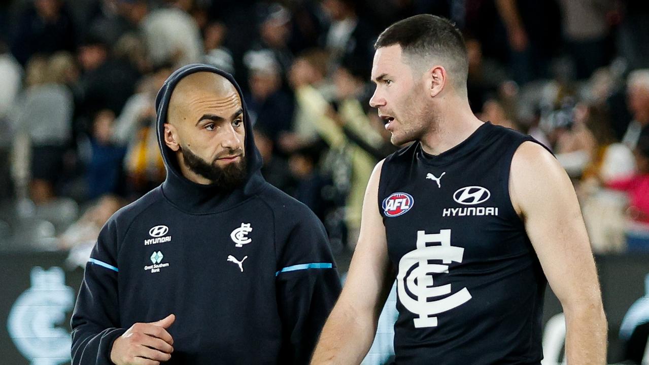 Adam Saad (left) and Mitch McGovern suffered hamstring strains in Carlton’s loss to Adelaide last week. Picture: Dylan Burns / Getty Images