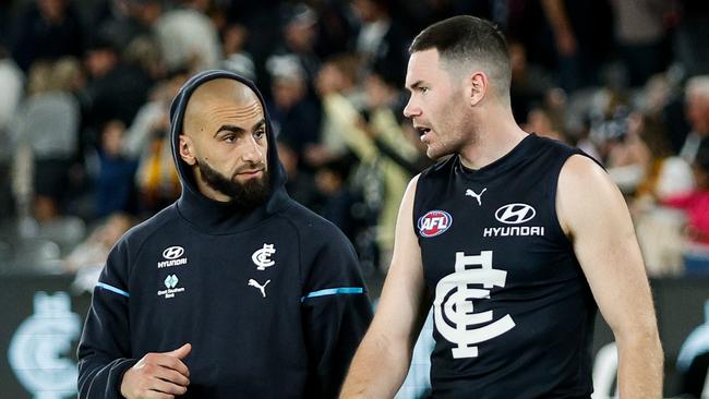 Adam Saad (left) and Mitch McGovern suffered hamstring strains in Carlton’s loss to Adelaide last week. Picture: Dylan Burns / Getty Images