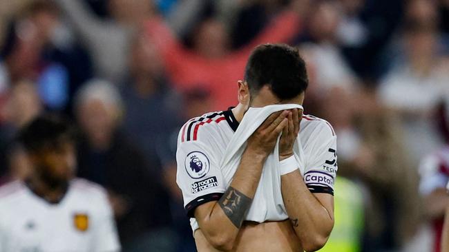 Manchester United's Portuguese midfielder Bruno Fernandes after the defeat. (Photo by Ian Kington/AFP)