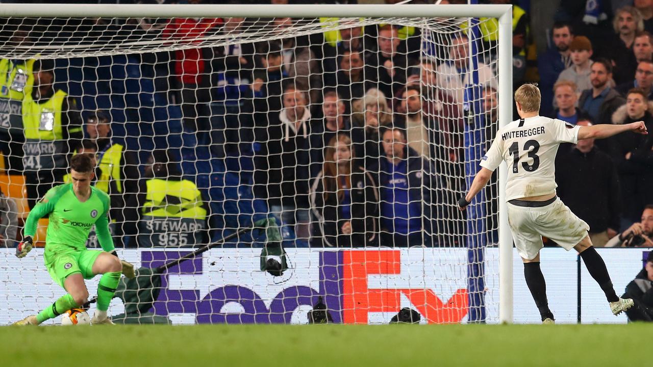 Kepa Arrizabalaga freakishly saves a penalty from Martin Hinteregger.