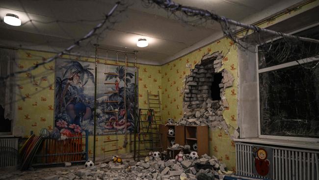 Damage is seen inside a kindergarten in Stanytsia Luhanska, Ukraine after it was reportedly shelled. Picture: AFP