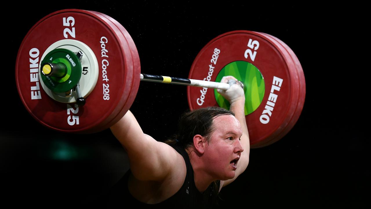 GOLD COAST, AUSTRALIA - APRIL 09: Laurel Hubbard of New Zealand competes in the Women's +90kg Final during the Weightlifting on day five of the Gold Coast 2018 Commonwealth Games at Carrara Sports and Leisure Centre on April 9, 2018 on the Gold Coast, Australia. (Photo by Dan Mullan/Getty Images)