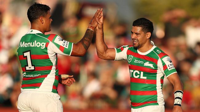 Cody Walker of the Rabbitohs celebrates scoring a try with Latrell Mitchell during the Charity Shield. Photo: Mark Metcalfe/Getty Images