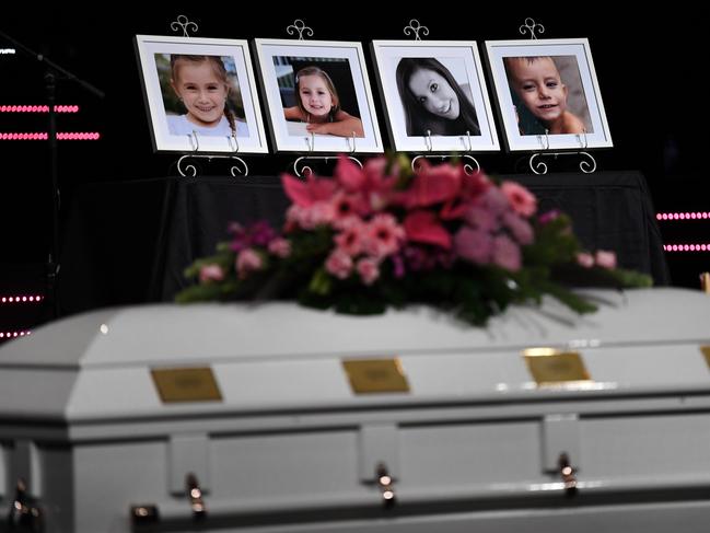 Framed photos of Hannah Clarke and her children Aaliyah, Laianah and Trey are on display during their funeral in Brisbane. Picture: Dan Peled/AAP