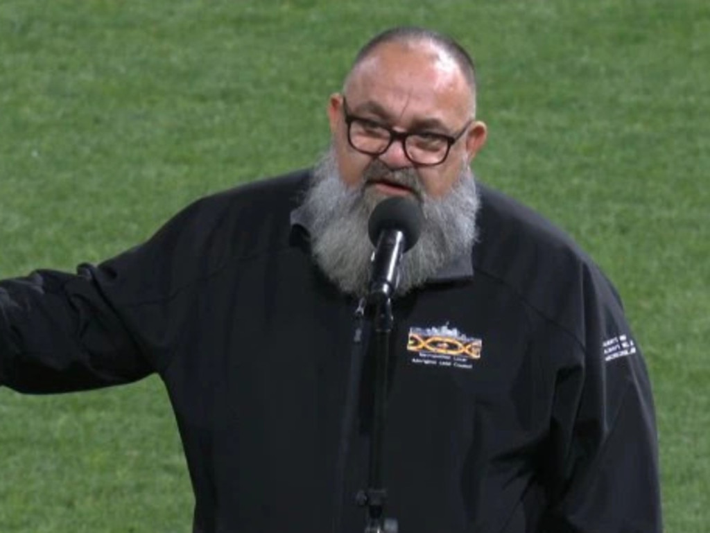 Brendan Kerin performs the Welcome to Country at Saturday’s AFL semi-final. Picture: Fox Sports