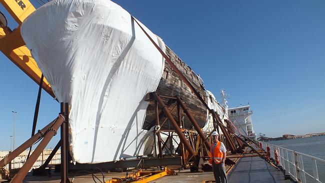 City of Adelaide Preservation Trust member Richard Smith with the clipper at Port Hedland. Picture: Clipper Ship City of Adelaide Limited