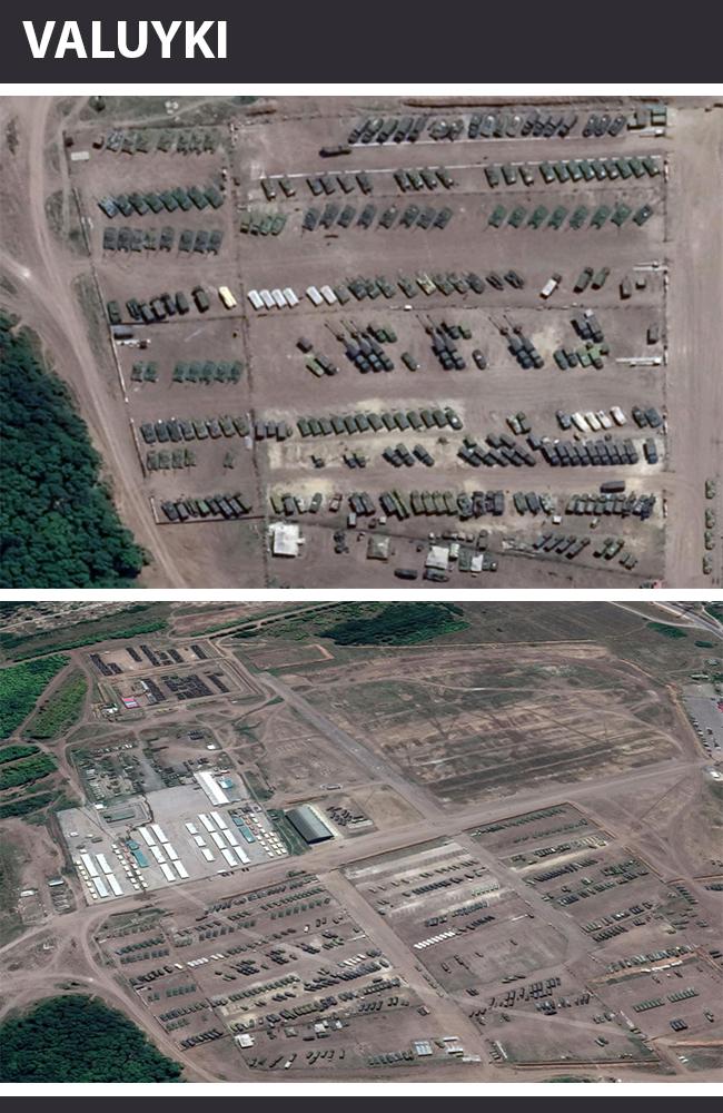 Russian tanks, artillery, armoured vehicles and trucks situated on the border with Ukraine at Valuyki, Belgorod Oblast. Pictures: Google Earth