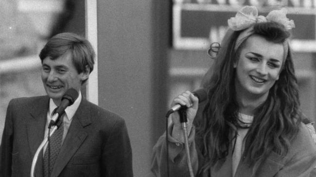 Boy George with SA Premier John Bannon in Rundle Mall. Pictures: Advertiser Library