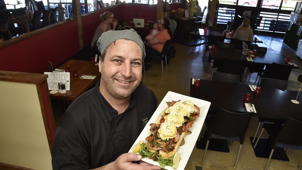 Engine Room Caf owner and chef Terry Jennings with the Mega-dict. April 2018.