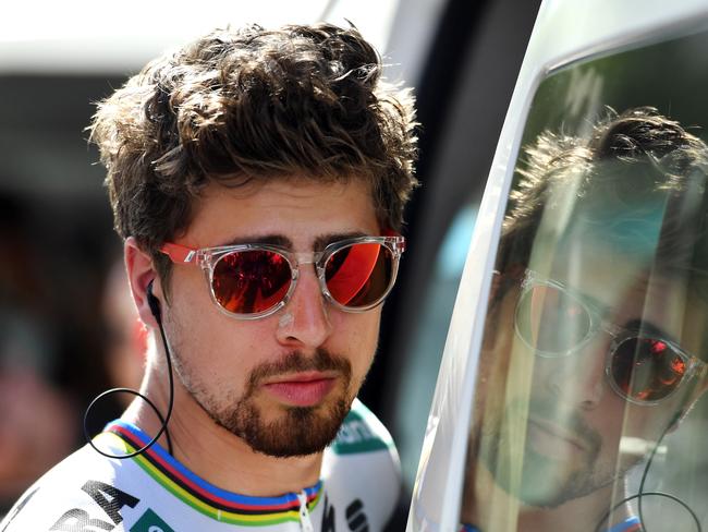 World Champion Slovakian rider Peter Sagan of team Bora-Hansgrohe is seen before the start of during stage four of the Tour Down Under from Norwood to Uraidla, South Australia, Friday, January 19, 2018. (AAP Image/Dan Peled) NO ARCHIVING, EDITORIAL USE ONLY