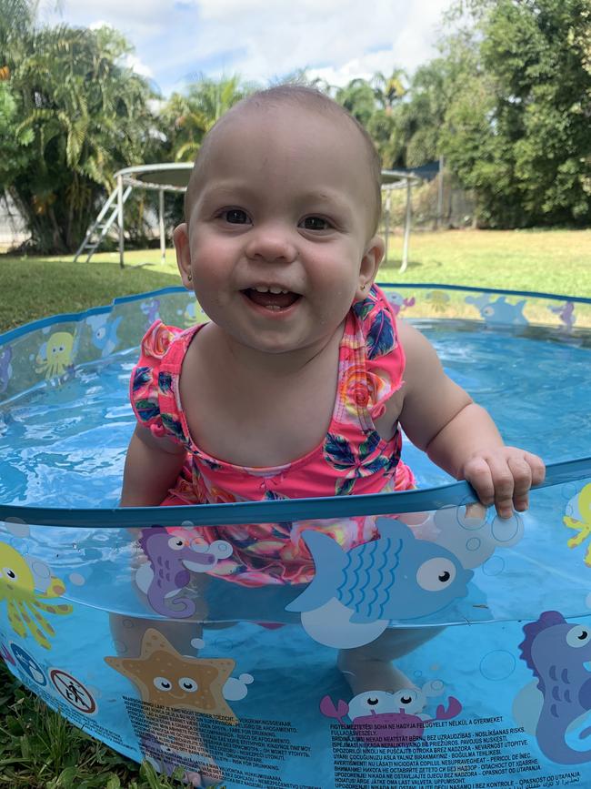 Stella Maree Edwards having fun playing in a splash pool. Picture: Lisa Plumb
