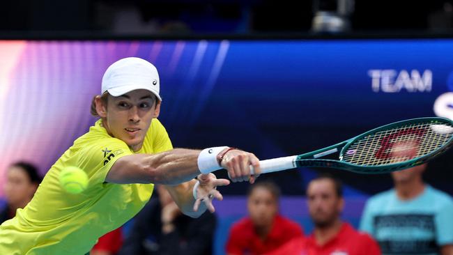 Alex de Minaur hits a return against Novak Djokovic during the United Cup match in Perth Picture: AFP