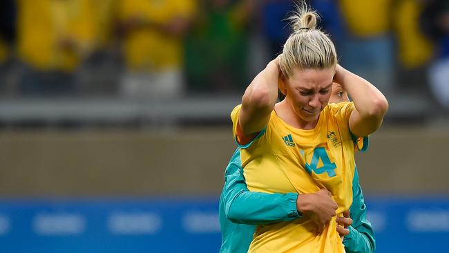 Alanna Kennedy is consoled after the Matildas’ heartbreaking loss to Brazil. Picture: Getty Images