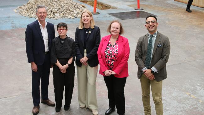 St Vincent de Paul Housing Australia CEO Graham West, Housing Tasmania CEO Eleri Morgan-Thomas, Federal member for Franklin Julie Collins, Senator Carol Brown and member for Clark Simon Behrakis at the former Vinnies shop now the site of the 38 apartment development on Argyle St. Picture: Elise Kaine