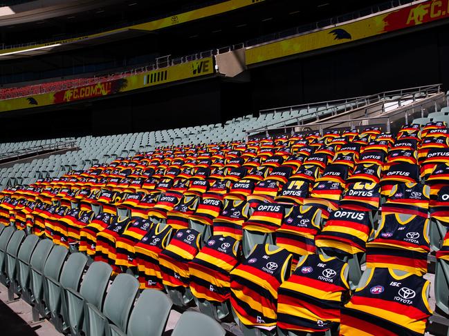 ADELAIDE, AUSTRALIA - MARCH 21: Adelaide Crows guernsey'shoots are pictured where their cheer squad would sit prior to round 1 AFL match between the Adelaide Crows and the Sydney Swans at Adelaide Oval on March 21, 2020 in Adelaide, Australia. (Photo by Daniel Kalisz/Getty Images)