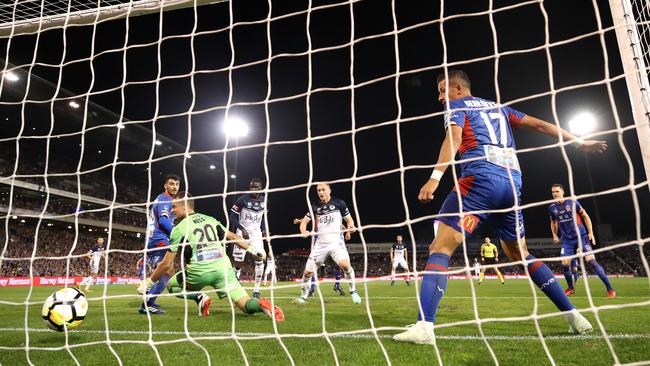 Kosta Barbarouses scores against Newcastle Jets on Saturday night. Picture: Getty Images