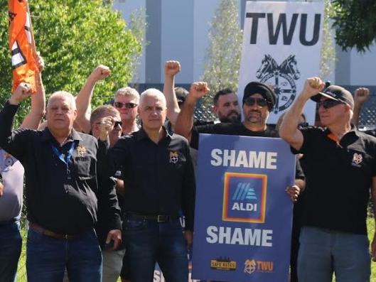 Union workers with the TWU protest Aldi. Picture: Supplied