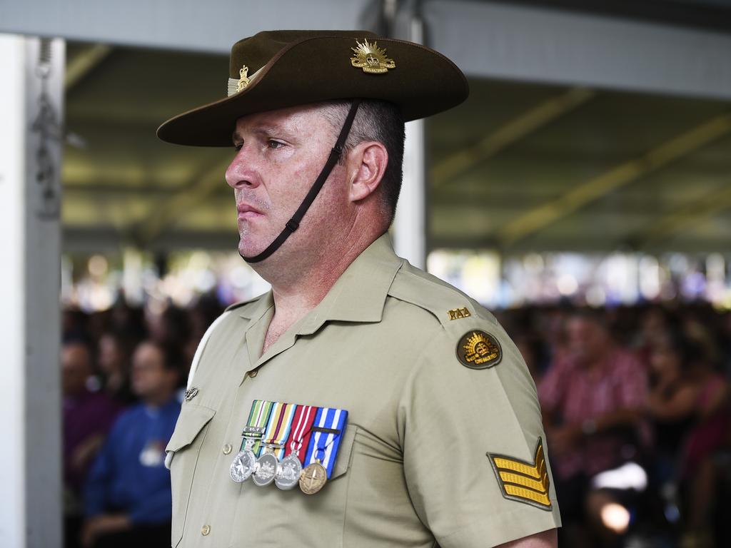 A soldier is seen waiting to take part in the 77th Anniversary of the Bombing of Darwin on Tuesday, February 19, 2019. Picture: Keri Megelus