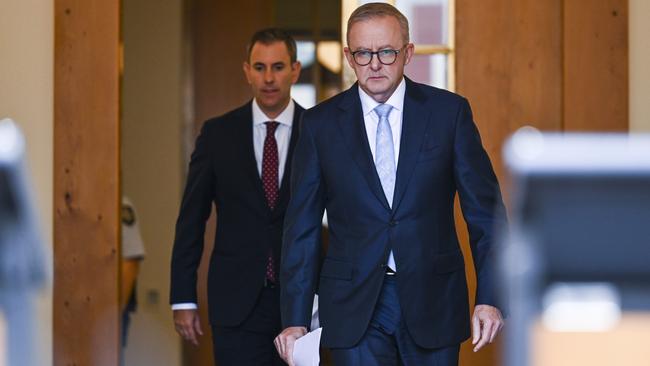 Prime Minister Anthony Albanese, right, and Treasurer Jim Chalmers at Parliament house in Canberra on Tuesday. Picture: Martin Ollman