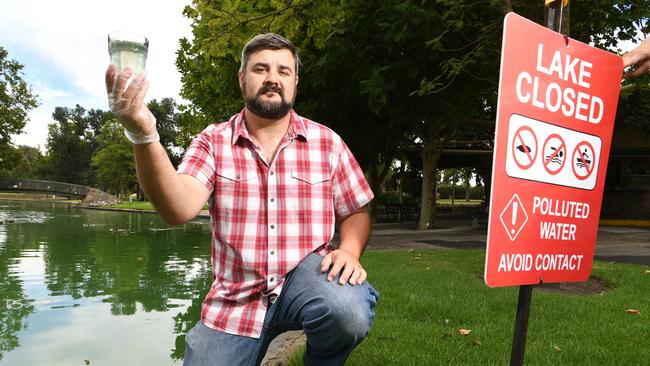 Rymill Park kiosk owner Paul Harding raises the issue of the lake’s quality in January. Picture: Tricia Watkinson