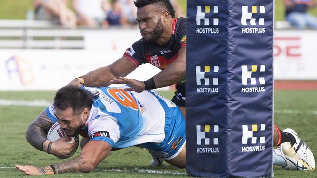 Northern Pride prop Nick Lui-Toso grounds for his first half try during the game againgst the Hunters . Picture: Brian Cassey