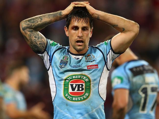 BRISBANE, AUSTRALIA - JULY 12:  Mitchell Pearce of the Blues reacts during game three of the State Of Origin series between the Queensland Maroons and the New South Wales Blues at Suncorp Stadium on July 12, 2017 in Brisbane, Australia.  (Photo by Cameron Spencer/Getty Images)