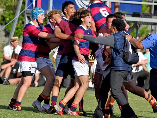 BSHS players celebrate a great win. First XV rugby match between BSHS and Brisbane Boys CollegeSaturday September 4, 2021. Picture, John Gass