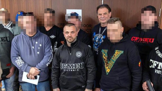 Mongols bikie and powerbroker Tyrone Bell wearing his CFMEU gear pictured alongside union organisers and former union secretary John Setka.