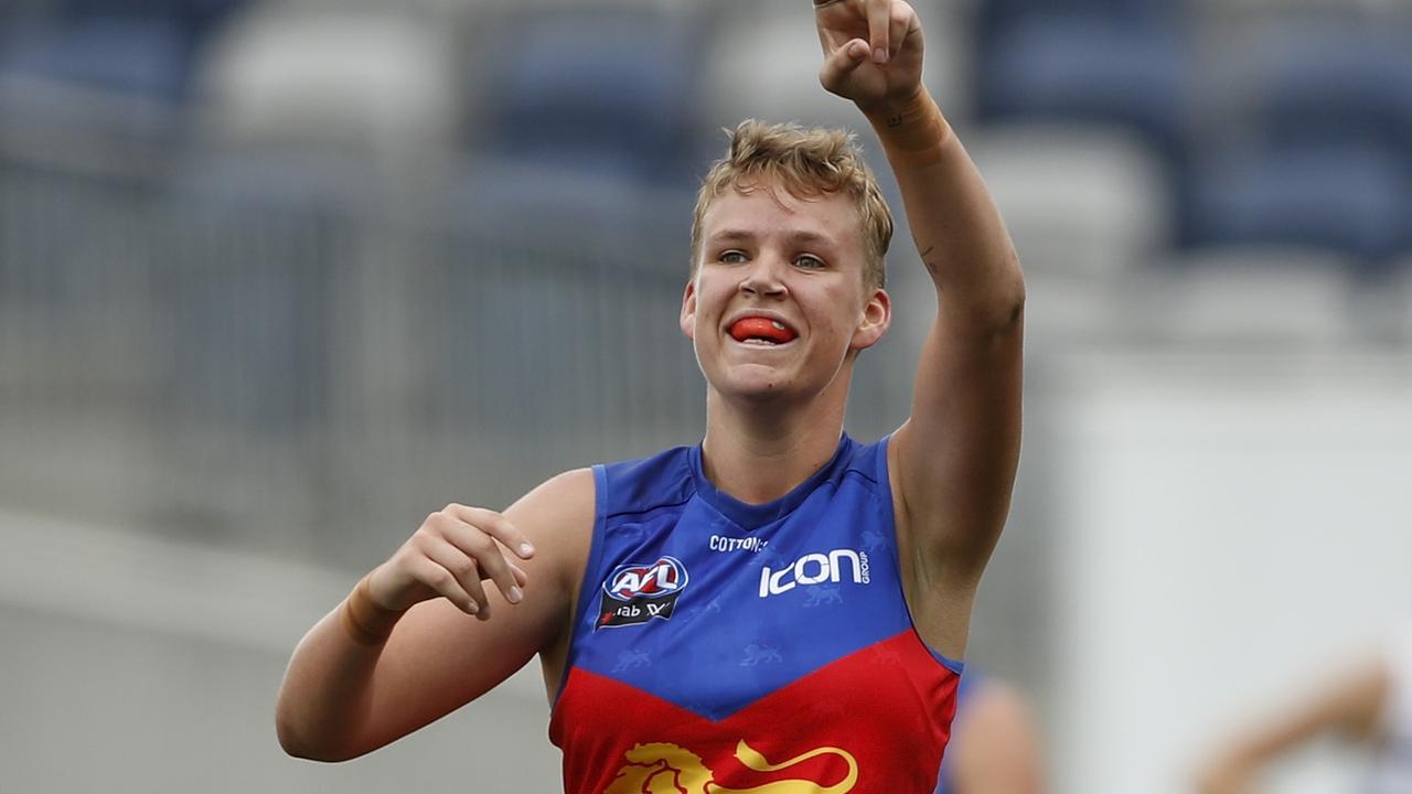 Dakota Davidson of the Lions celebrates a goal during the 2020 AFLW Round 02 match between the Geelong Cats and the Brisbane Lions at GMHBA Stadium on February 16, 2020 in Geelong, Australia. (Photo by Dylan Burns/AFL Photos via Getty Images)