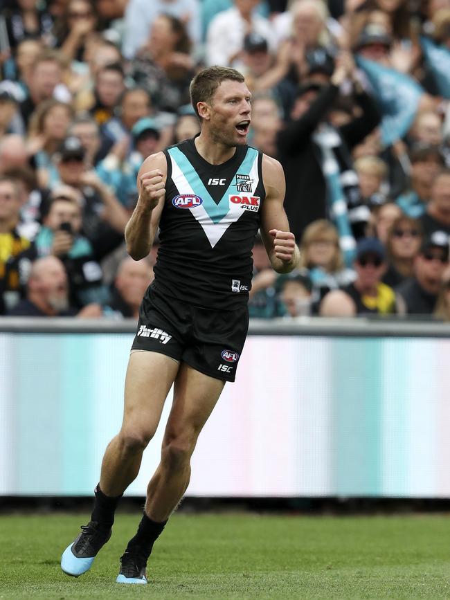 AFL - Round 4 - Port Adelaide v Richmond at The Adelaide Oval. Brad Ebert celebrates Port's first goal of the match. Picture SARAH REED